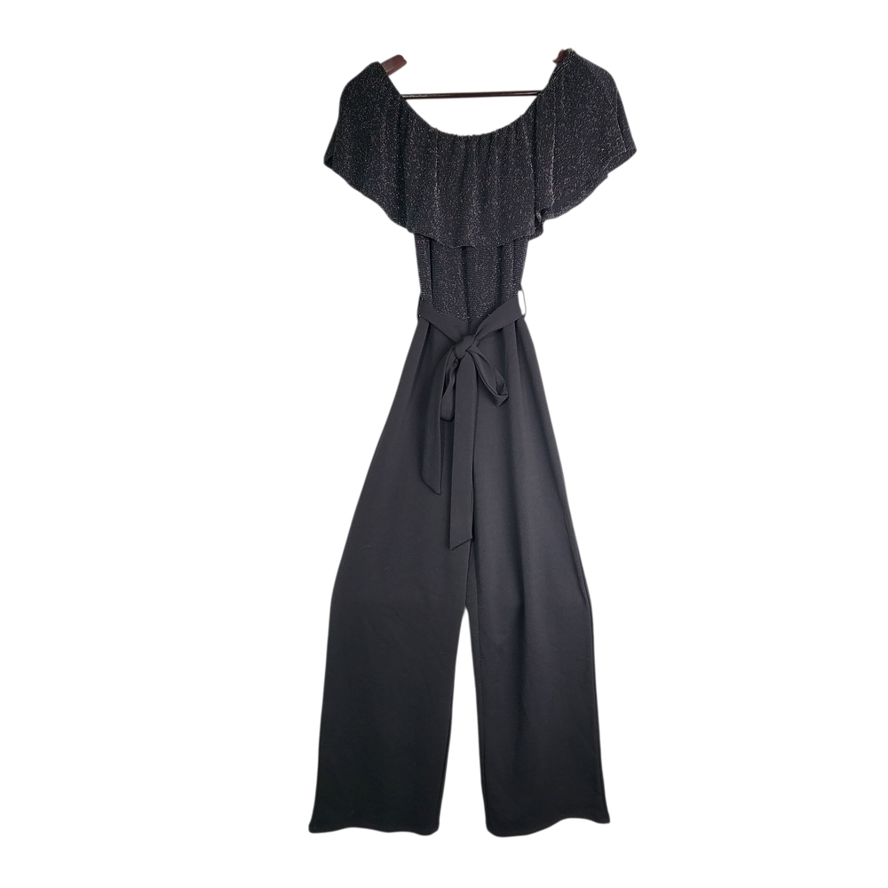 Almost Famous Black Sparkle Top Off-Shoulder Jumpsuit Wide Leg Women Size Small